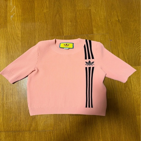 Adidas x Gucci 聯名三條紋針織短袖上衣 粉色