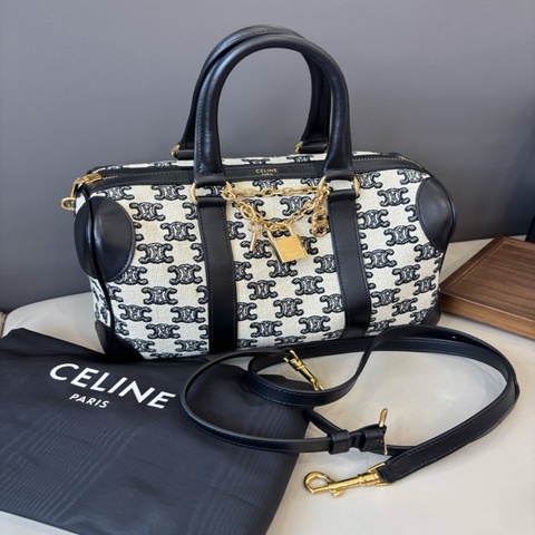 Celine 賽琳 黑白老花帆布波士頓，尺寸25×16附件，肩帶，塵袋