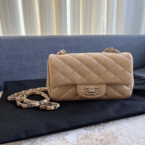 CHANEL Square Mini 17cm 方胖子 奶茶色 淡金扣