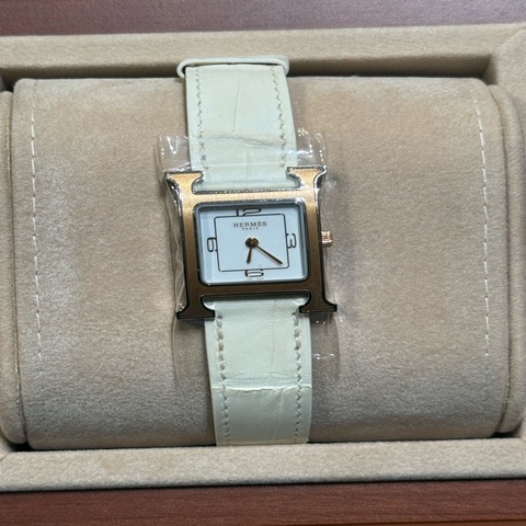 Hermes Heure H 25mm女裝磨砂玫瑰金錶框 白色鱷魚皮帶