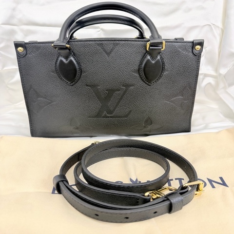 LV 黑牛皮logo壓紋on the go pm手提斜背包