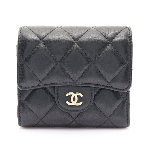 CHANEL 香奈兒 三折短夾 黑色羊皮 金釦 AP0231