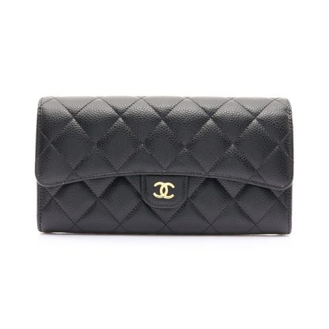 CHANEL 香奈兒 扣式 長夾 黑色 荔枝紋牛皮 金釦 AP0241