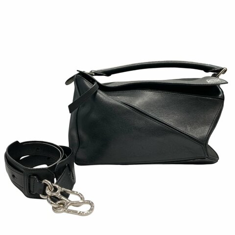 LOEWE 羅威 PUZZLE MEDIUM 中號拼圖包 皮革 黑色 銀釦