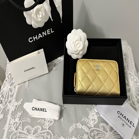 CHANEL 香奈兒 26A 金色菱格紋零錢卡夾／拉鍊短夾｜近全新｜全配｜台灣專櫃購入
