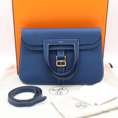 Hermès 愛馬仕 Halzan 31 深邃藍 TC皮 牛皮 手提 肩背 斜背包 D刻