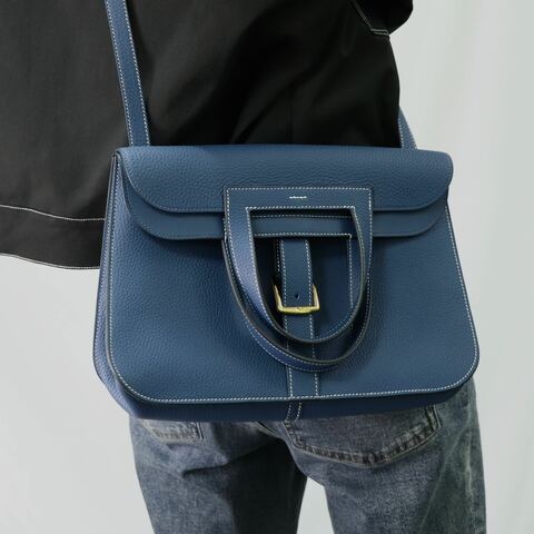 Hermès 愛馬仕 Halzan 31 深邃藍 TC皮 牛皮 手提 肩背 斜背包 D刻