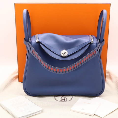 Hermès 愛馬仕 Lindy30 LD30 明亮藍 銀扣 Swift皮 編織肩帶 肩背包 手提包 C刻