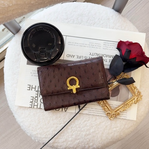 【赫蒂國際精品】 Ferragamo 菲拉格慕 深棕色鴕鳥皮 vintage