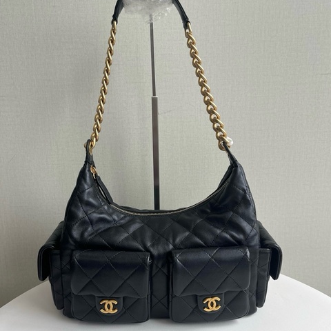Chanel 香奈兒hobo👜腋下包 嬉皮包25C 大號 肩背包 黑金 羊皮
