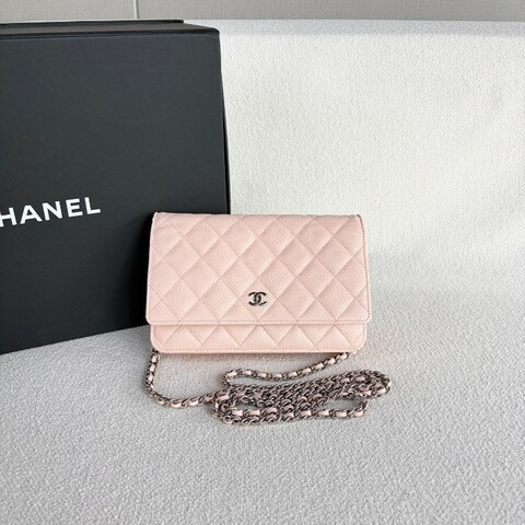 Chanel woc鏈條包粉色銀扣 荔枝皮