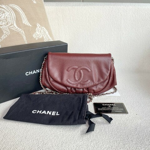 Chanel 大雙C元寶包酒紅色 荔枝皮