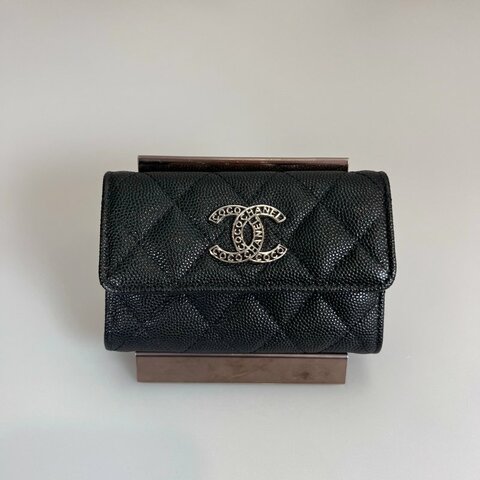 CHANEL 季節款 絲巾卡包 荔枝紋 黑銀 晶片款