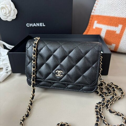 閒置新 香奈兒/Chanel 黑金mini雙層woc鏈條包 荔枝紋牛皮
