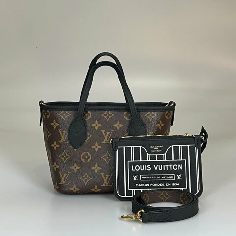 LV M28347 黑拚老花雙面Neverfull MM 托特包