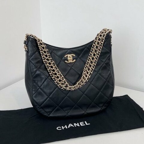 芯片款 香奈兒/Chanel 黑金Hobo 複古雙C金扣鏈條包