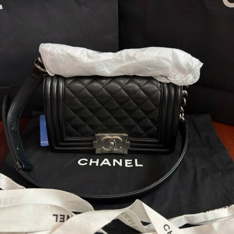 閒置新 香奈兒/Chanel Leboy小號 黑銀荔枝牛皮鏈條包 芯片款