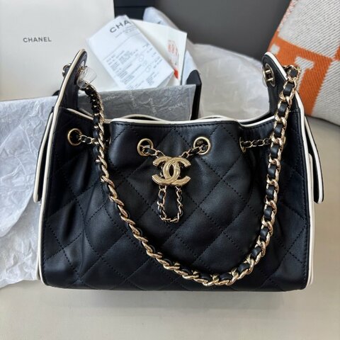 近新品 香奈兒/Chanel 25Bag Mini 黑白拼色牛皮鏈條包