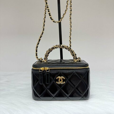 香奈兒/Chanel 黑金羊皮 麻花手柄盒子包 經典菱格紋