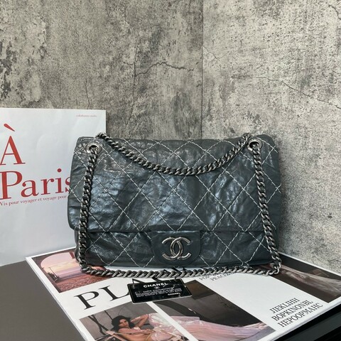 Chanel 香奈兒 機場包 CF季節款 灰色油蠟皮 白色外縫線