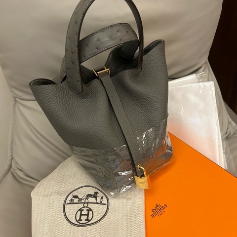 Hermes ／愛馬仕picotin菜籃子 18積雲灰金扣