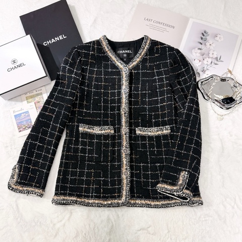 CHANEL 黑金銀格紋粗花呢圓領外套