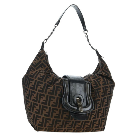 FENDI Zucca帆布鏈單肩包 黑色棕色 正品 187655V