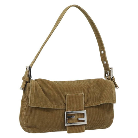 FENDI Mamma Baguette 肩背包 燈芯絨 米色 銀色 正品 193421V