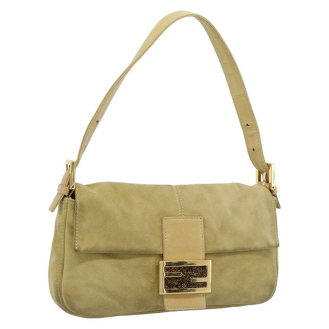 FENDI Mamma Baguette 肩背包 麂皮 米色 金色 正品 194704V