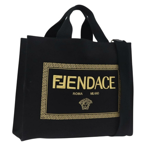 FENDI FENDACE 帆布手提包，兩用，黑色/金色，7VA558，正品，ka5494M