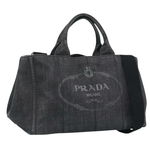 PRADA Canapa MM 手提包 牛仔布 2way 黑色 金色 Auth 194841V