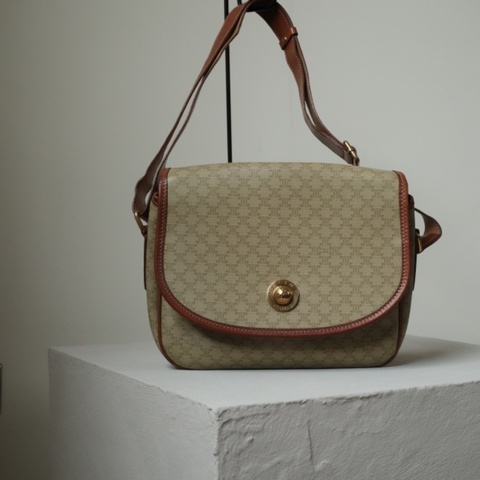 CELINE 1980s 絕版稀有 立體星球釦 Macadam 老花全皮內裡馬鞍包