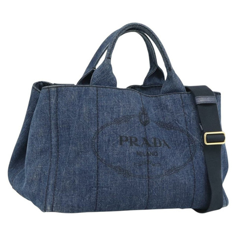 PRADA Canapa M 手提包 牛仔布 2way 藍金 Auth 194845V