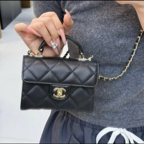 Chanel香奈兒 手柄mini牛奶盒子包荔枝皮金扣鏈條包 99新✨️