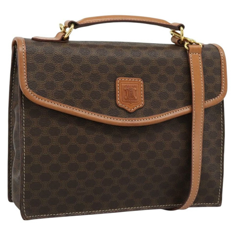 CELINE Macadam帆布手提包 PVC皮革 2way Brown Gold Auth 194025V