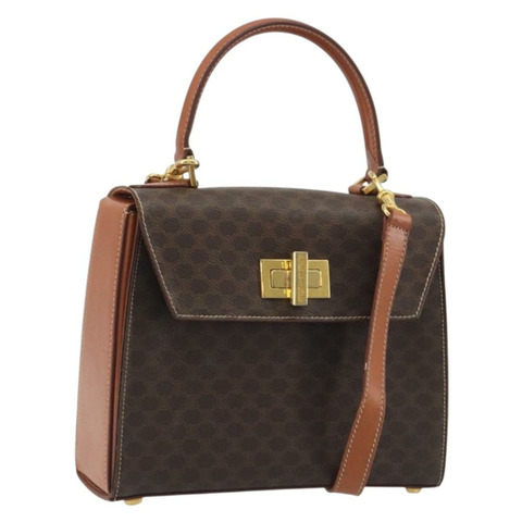 CELINE Macadam帆布手提包 PVC皮革 2way Brown Gold Auth 193909A