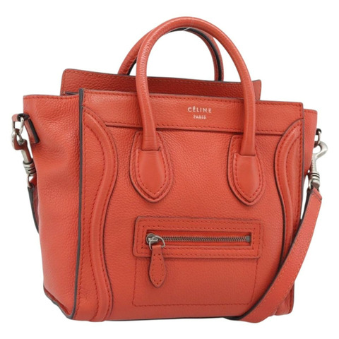 CELINE Luggage Nano Shopper 手提包 皮革 2way 橙色銀色 Auth ka5539A
