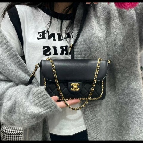 CHANEL 香奈兒 黑色 金釦 雙鍊飾邊斜背包 肩背包