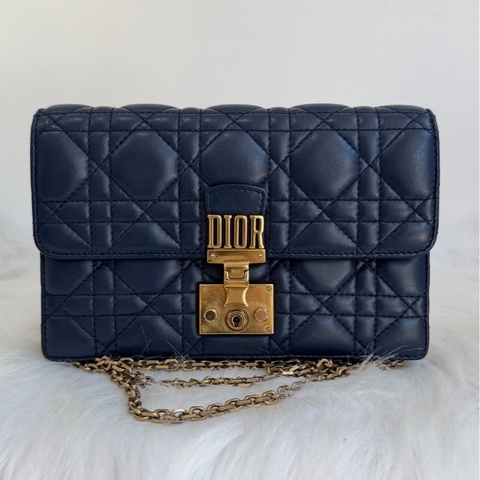 迪奧/Dior  ADD WOC 深藍色 金標羊皮鏈條包 經典菱格紋 大logo 金色鎖扣 鏈條肩帶