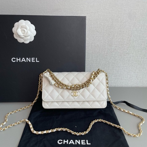 Chanel香奈兒🖤 24S 白金荔枝皮蝴蝶結💕 鏈條手柄風琴woc💗 99新✨芯片款 尺寸：10×22×4cm