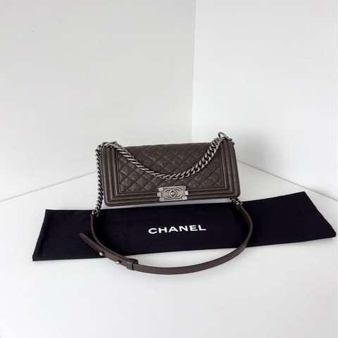 Chanel香奈兒🖤荔枝皮Leboy中號棕褐色復古銀扣💕98新✨