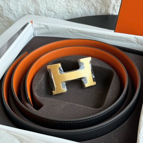 999新Hermes 愛馬仕 H扣皮帶 黑色拼橙色  金色拉絲扣 32mm×85cm