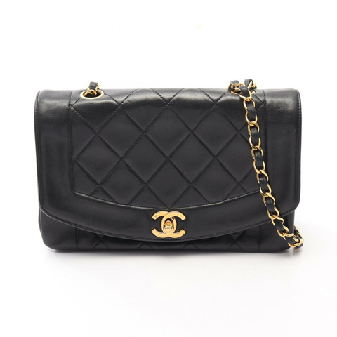 香奈兒 (CHANEL) Matelasse Diana 翻蓋肩背包 A01164 羊皮 黑色 二手 金色五金 CC