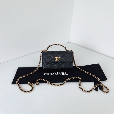 Chanel香奈兒🖤mini Kelly 22K 黑金手柄 菱格紋皮穿鏈手提單肩斜挎包 風琴包💗 98新✨芯片款 尺寸13×10×6