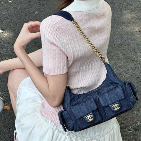 香奈兒/Chanel 25C hobo 嬉皮包 大號 藍色牛仔布 手提包單肩包腋下包 芯片款