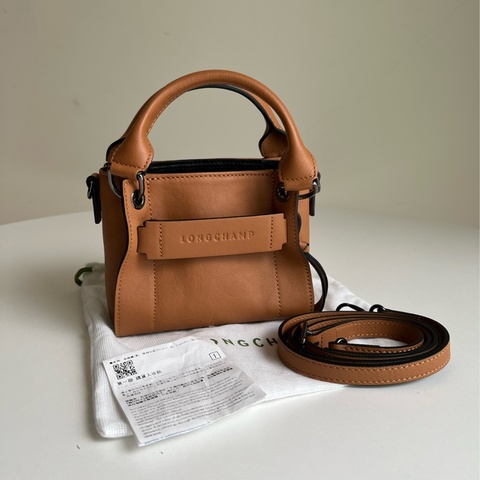 Longchamp 3D系列小牛皮手提/斜背兩用包(迷你/黃褐)