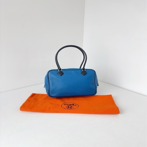 Hermès 愛馬仕🐎vintage Plume mini手提飯盒包寶石藍黑柄epsom皮💕98新✨ 尺寸20*15*7