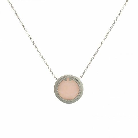 TIFFANY&CO 18K白金鑽石T系列圓餅粉色歐泊項鏈大號