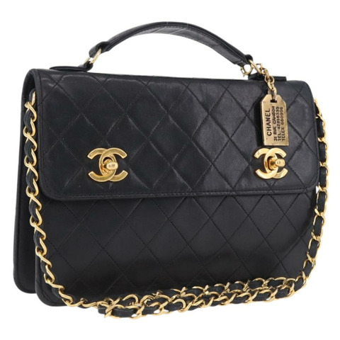 香奈兒 (CHANEL) 絎縫鏈條肩背包，羊皮材質，黑色金色雙C標誌，正品編號 194687SAM