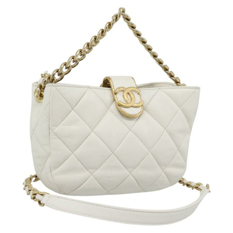香奈兒 (CHANEL) 絎縫鏈條肩背包，羊皮材質，兩用，白色金色雙C標誌，正品編號 193428SAM